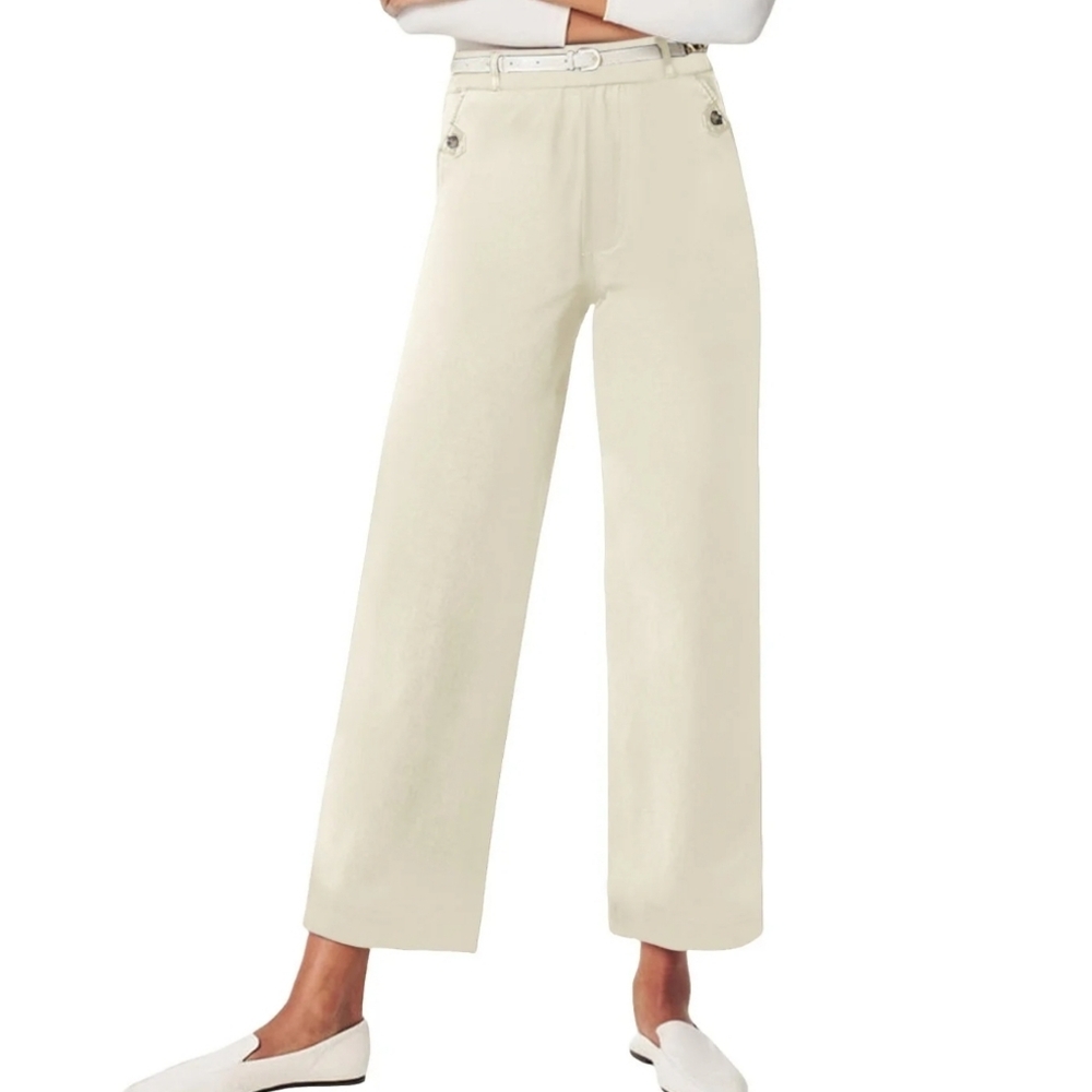 Vivienne Duvall Wide Leg Cropped Stretch Elastic Waist Tan Pants